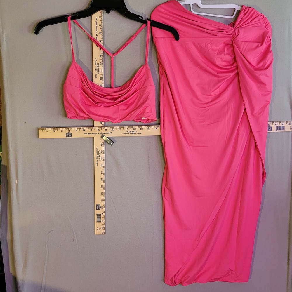 Marthea Pink 2 Piece Set Cowl Neck Crop Top Ruched Midi Skirt Size L Hot Pink